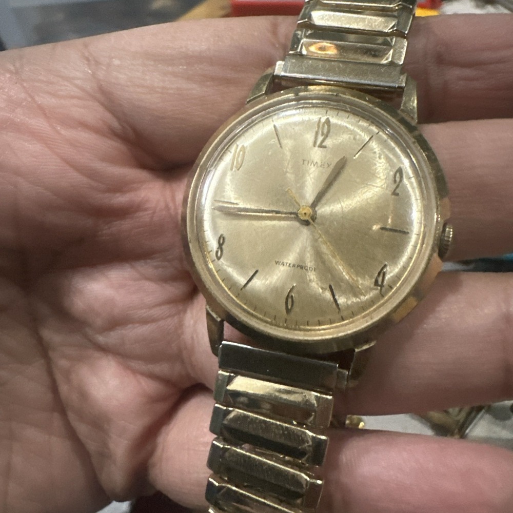 Works VTG 1965 Timex Marlin Waterproof Gold Men's watch Manual Wind 34mm 7.5"